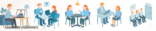 Flat Style Illustration Showing Different People Meeting and Working Together