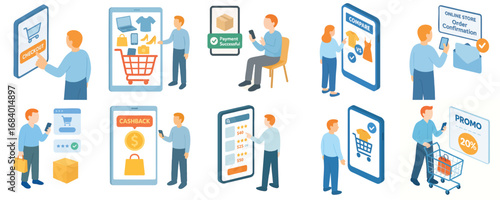 Isometric Flat Illustration of People Shopping Online with Mobile Devices