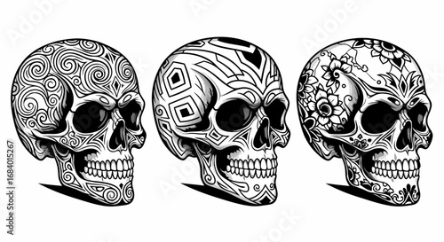Vector SVG Illustration of Three Black and White Sugar Skulls with Floral and Geometric Patterns in Modern Line Art Style for Tattoo Art and Cultural Design