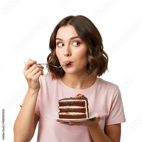 Young woman enjoying a delicious slice of chocolate cake with a dreamy expression perfect for dessert advertisements and sweet indulgence themed content on white background