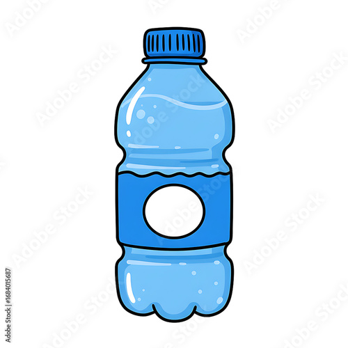 Cartoon illustration of a blue water bottle with a white label