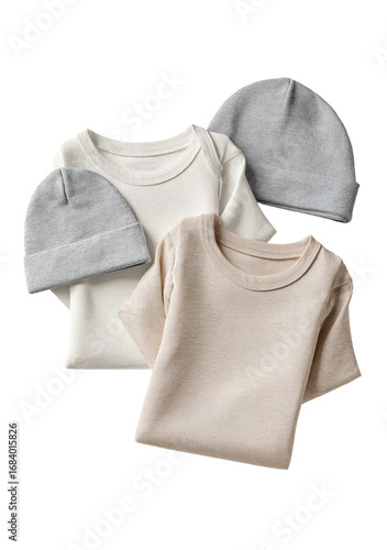 Three soft, neutral-toned baby tops and hats