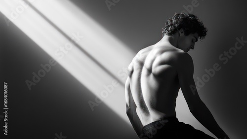 Muscular young man in black and white sitting