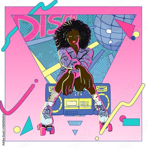 African American girl sits on a large tape recorder on her feet roller skates. Vector illustration. Color illustration.