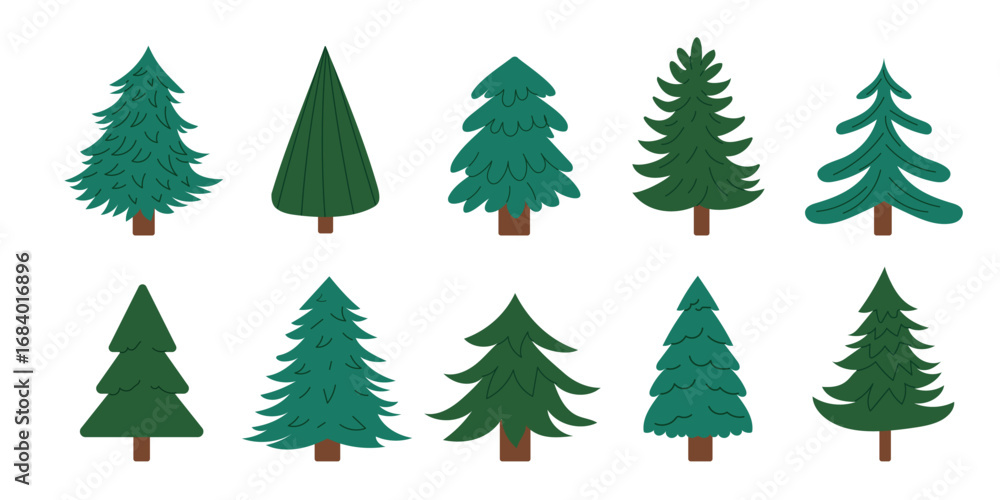 Fototapeta premium Collection of simple Christmas trees. Minimal green fir and pine silhouettes in flat style. Winter holiday set for New Year design. Vector illustration isolated on white background.