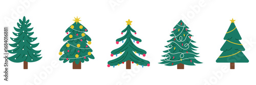 Set of Christmas trees with lights, garlands and colorful balls. Winter holiday decorations for New Year celebration.