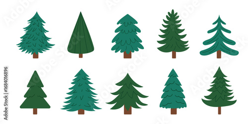 Collection of simple Christmas trees. Minimal green fir and pine silhouettes in flat style. Winter holiday set for New Year design. Vector illustration isolated on white background.