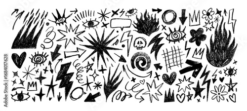 Crayon drawn punk tattoo stickers and icons. Collection of flames, lightnings, star shapes and rock'n'roll doodles. Vector graphic pencil elements. Punk y2k sticker collection for collage