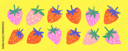 Pop art crayon strawberry icon set. Funky red and pink strawberries on yellow background.