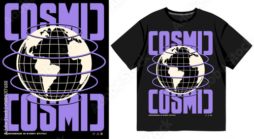 Cosmic themed t shirt design with globe illustration and bold purple typography isolated on black background streetwear style