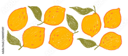 Lemon doodle crayon sketch icon set. Italian fruit branches with leaves and pencil texture. Naive food stickers. Hand drawn ink or chalk illustrations. Yellow citrus collection with dry brush strokes.