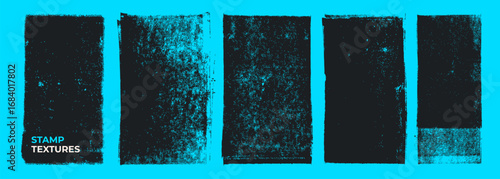 Linocut stamp rectangle texture collection. Vector ink roller textures on bright neon turquoise background. Vintage letterpress overlays with rough edges. Urban and street art design backgrounds.