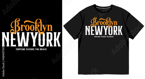 Brooklyn New York typography t shirt design with bold white and orange lettering on black background streetwear style