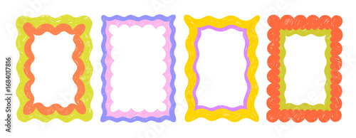 Crayon drawn bold funky scallop border frames. Groovy wavy edges with pencil texture.