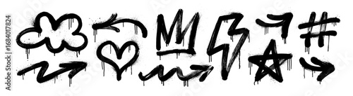 Urban graffiti spray paint icon set in street art style and gritty grunge texture for dynamic designs.