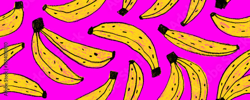 Crayon drawn banana fruits seamless pattern on bright pink background. Funky naive trendy colorful wallpaper. Seamless pattern for food packaging, tropical wallpaper, or a summer graphic design.