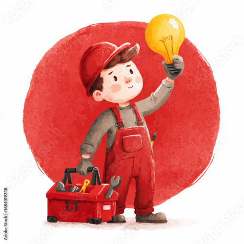  Cartoon electrician changing light bulb with toolbox nearby, chili oil red palette, great for posters, kids safety education and creative prints