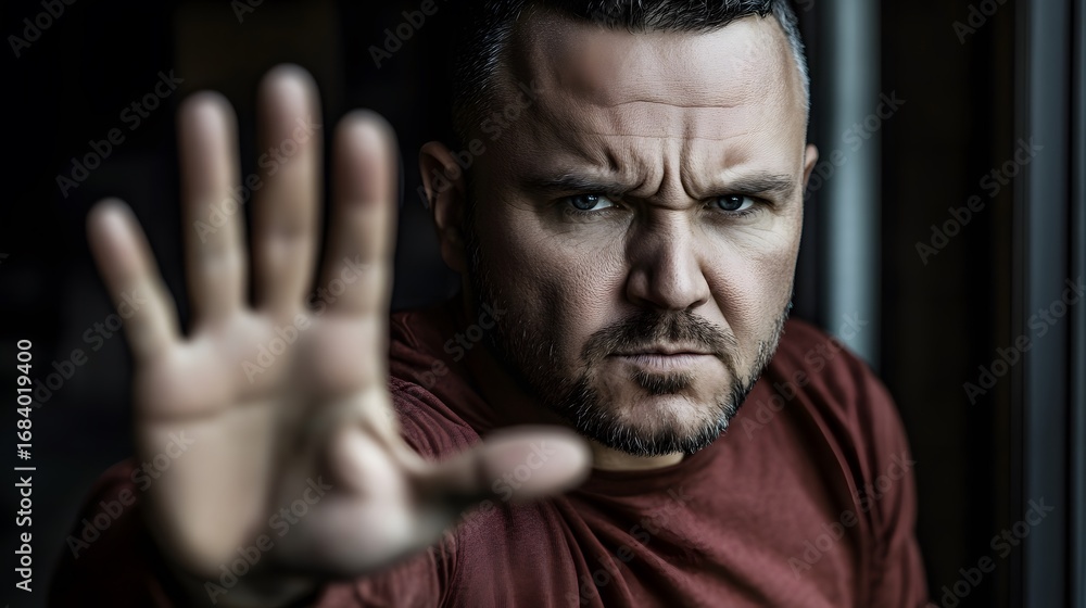 Obraz premium Serious Man Showing Stop Sign Hand Gesture Dramatic Portrait Photography