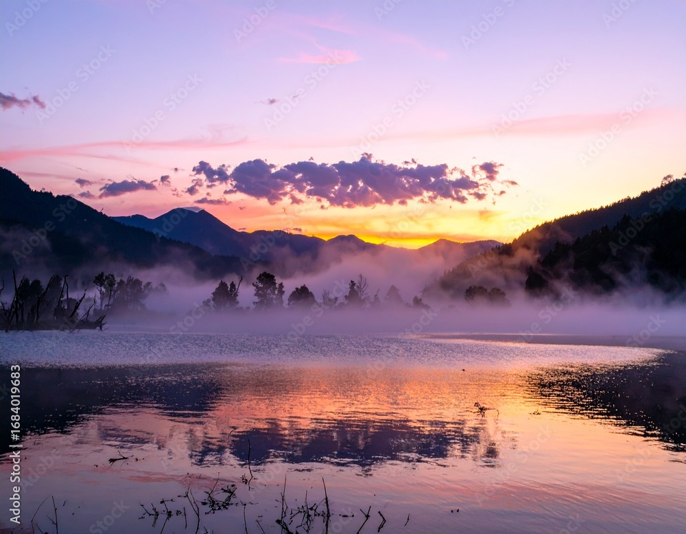 Fototapeta premium Peaceful Lake at Sunrise with a Soft Mist