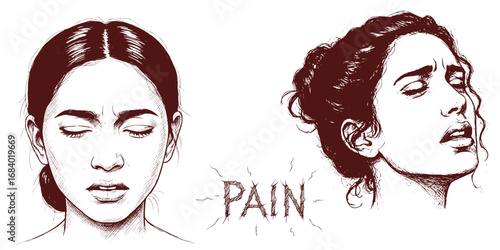Vector illustration of expressive female face with emotion "Pain", hand-drawn sketch style, editable text layer (from the "Emotions on Faces" series)