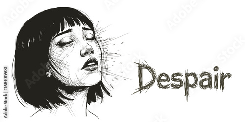 "Despair" sketch from the vector series "emotions on people's faces": Woman expressing despair with closed eyes and tousled hair  