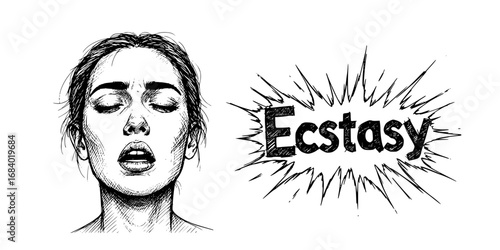 "Ecstasy" sketch from the vector series "emotions on people's faces": Woman expressing ecstasy with closed eyes and relaxed facial features  