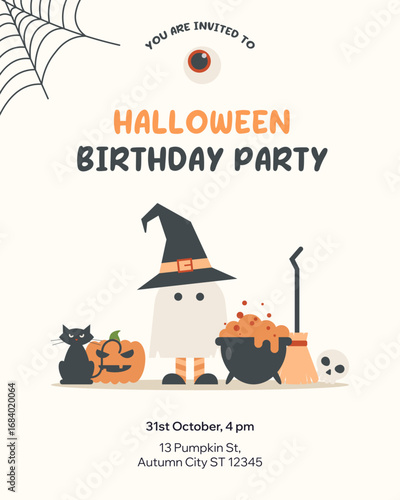 Birthday invitation template with cute elements. Halloween illustration in flat doodle style. Hand drawn composition for kids in pastel colors. Concept for banner, poster or card
