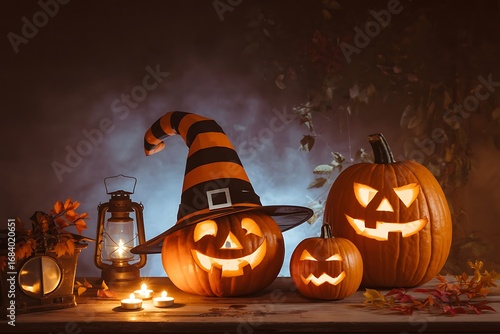 Spooky halloween carved pumpkins and witch hat with lantern and lights create a festive holiday atmosphere illustration