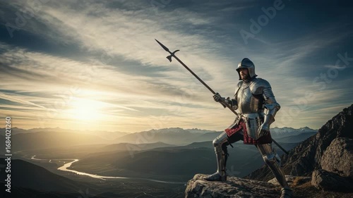 Knight in shining armor standing on a mountain peak with sword at sunset. Heroic knight portrayed in detailed armor capturing a moment of bravery and strength.
