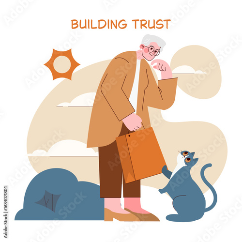 Elderly Person Sharing Trust with Cat Vector Illustration