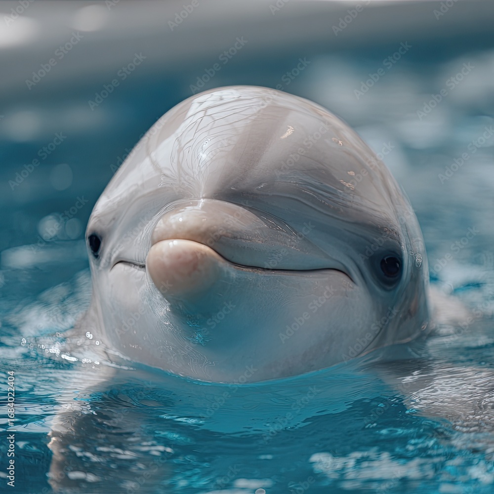 Fototapeta premium Close-up view of a playful dolphin's face, showcasing its soft, light gray skin and gentle expression, reflecting in the sparkling blue water.