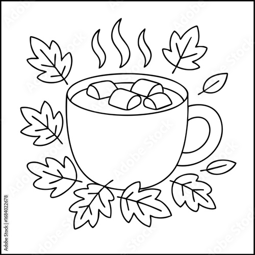 Cozy cup of hot chocolate with marshmallows and autumn leaves. Seasonal coloring page for fall vibes.