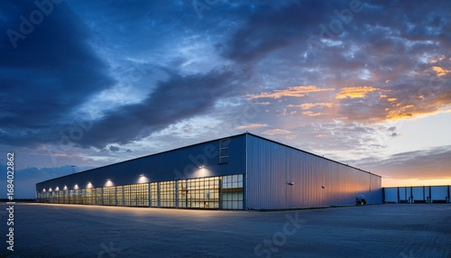 modern industrial warehouse at dusk with illuminated windows and dynamic cloudy sky