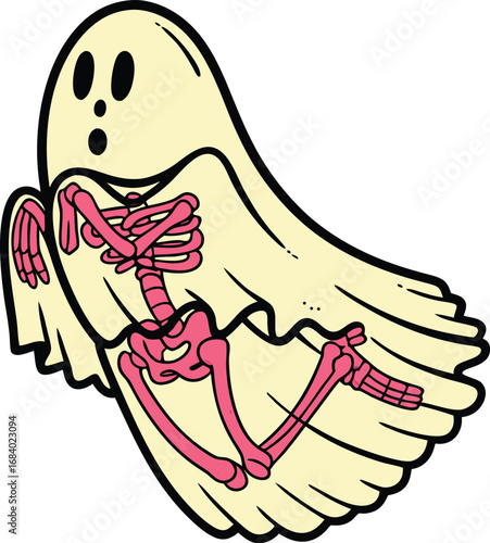 Funny Cartoon Ghost with Visible Pink Skeleton Vector Halloween Design