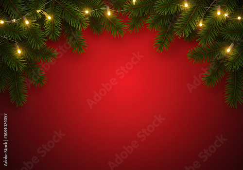 Pine branch on red Christmas background Green pine branch with red holiday background space