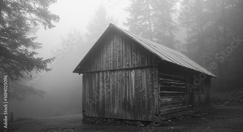 Wallpaper Mural Foggy Forest Old Wooden Cabin Black and White fog misty woods tr Torontodigital.ca
