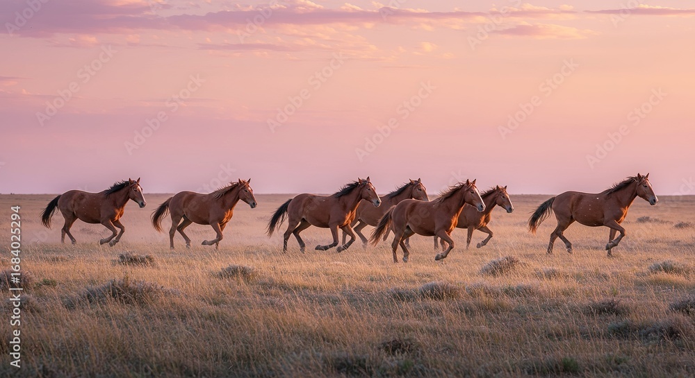 Fototapeta premium Wild Horses Running at Sunset Prairie Landscape running horses g