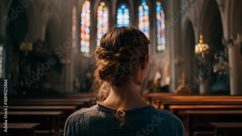 Woman with her back to the camera, facing empty church pews and stained glass windows