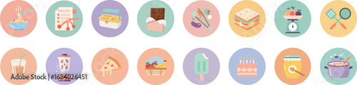 Set of 16 circular cartoon food icons with pastel backgrounds