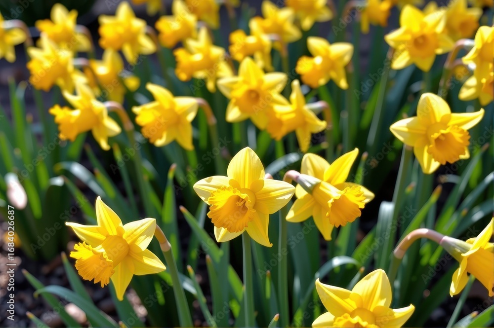 Obraz premium Bright yellow daffodils bloom profusely in a vibrant spring garden, their cheerful trumpets heralding the arrival of warmer weather. Sunlight illuminates the d, yellow flowers, landscape