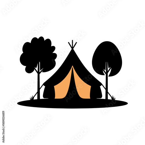 Camping tent with trees silhouette