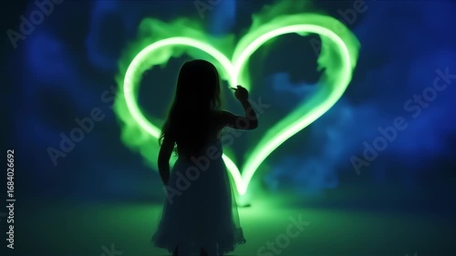 Silhouette of a child drawing a heart shape with a light-blue neon marker