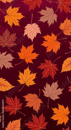 Wallpaper Mural Autumnal background featuring orange and red maple leaves on a maroon backdrop, creating a warm and seasonal design ideal for fall-themed projects Torontodigital.ca
