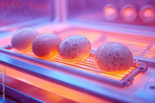 Four speckled eggs on a metal rack inside a heated incubator.  Warm, glowing light illuminates the scene