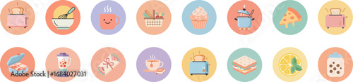 Set of 16 round pastel kitchen and culinary icons in flat style