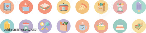16 circular food and cooking icons in cartoonish style with pastel gradient background