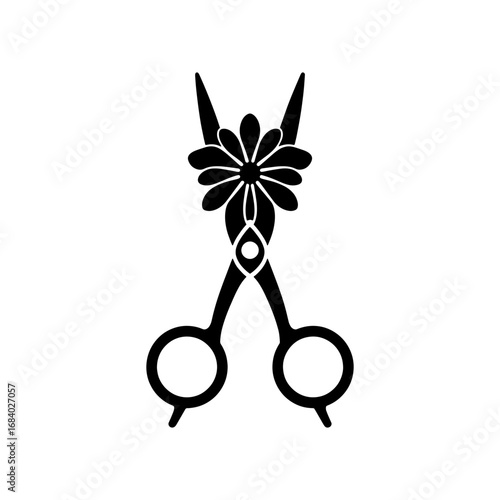 Stylized scissors with floral design silhouette