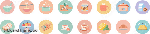 Set of 16 food icons in circular badges with pastel colors