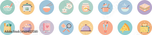 Set of 16 circular food icons with vibrant colors on minimalist background