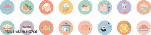 16 pastel circular icons of food and kitchen items in a clean grid